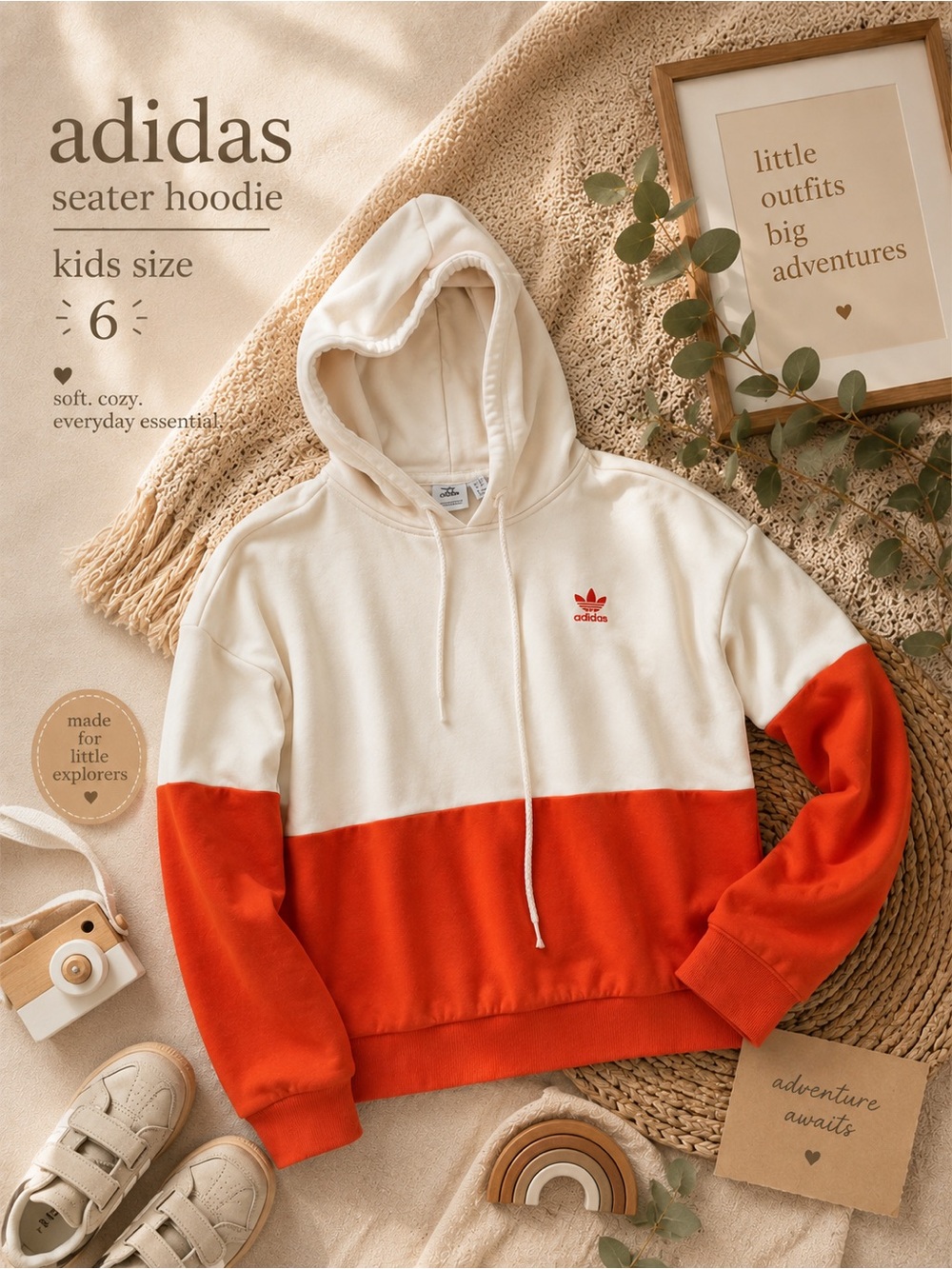 adidas Two-Tone Kids Hoodie — Cream & Orange